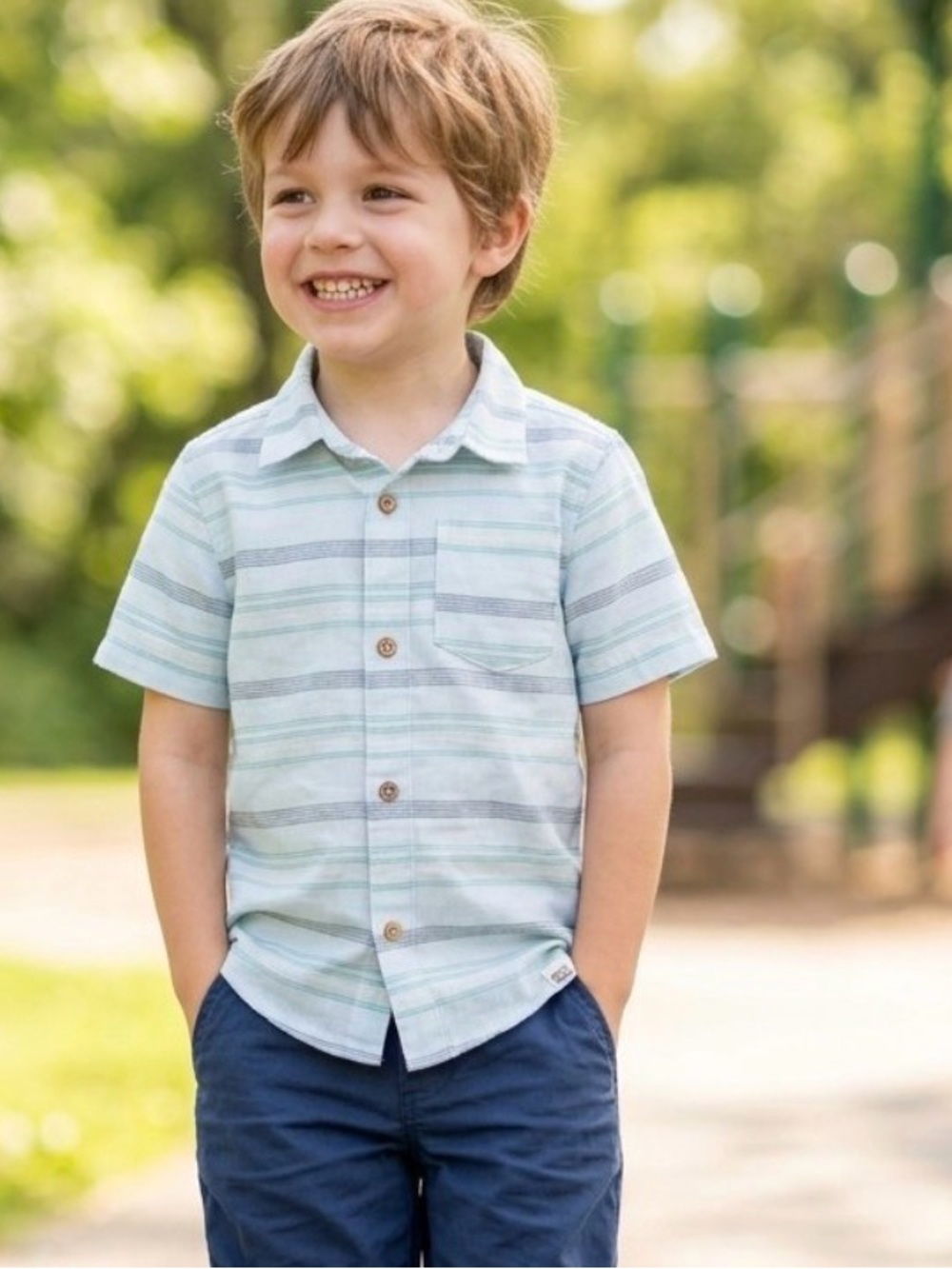 Eddie Bauer Boys' Mint & Light Blue Striped Button-Down, Linen, Size 5